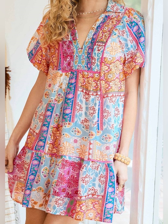 Umgee Dresses & Skirts - ☀️Umgee Patchwork Print Smocked Mini Dress Collared Split V-Neck Size Large Boho